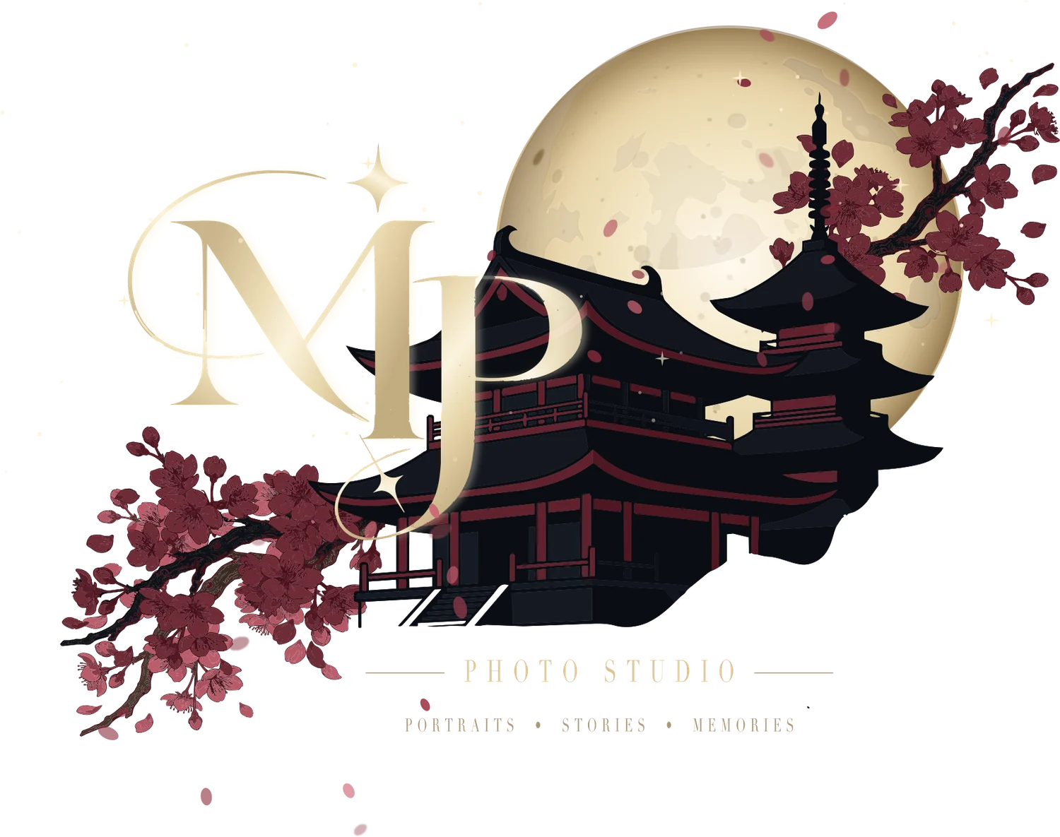 Logo Moonpetal Studio – zlatý monogram MP, měsíc, pagoda a kvetoucí sakura. Photo studio – portraits, stories, memories.